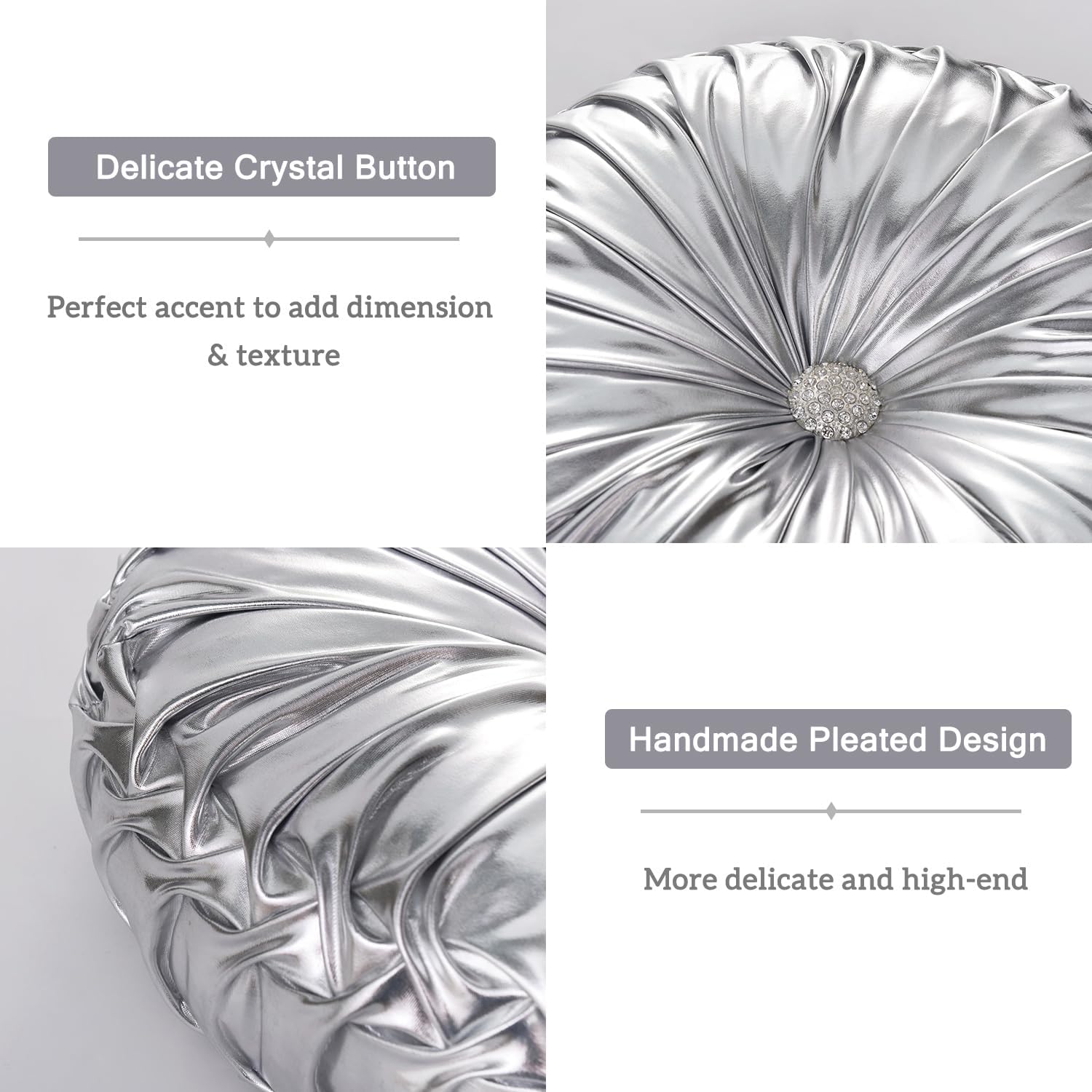 HIG Set of 2 Handcrafted Silver Ruched Round Throw Pillows – 14.5’’ Metallic Leather Decorative Pillows with Soft Polyester Filling for…