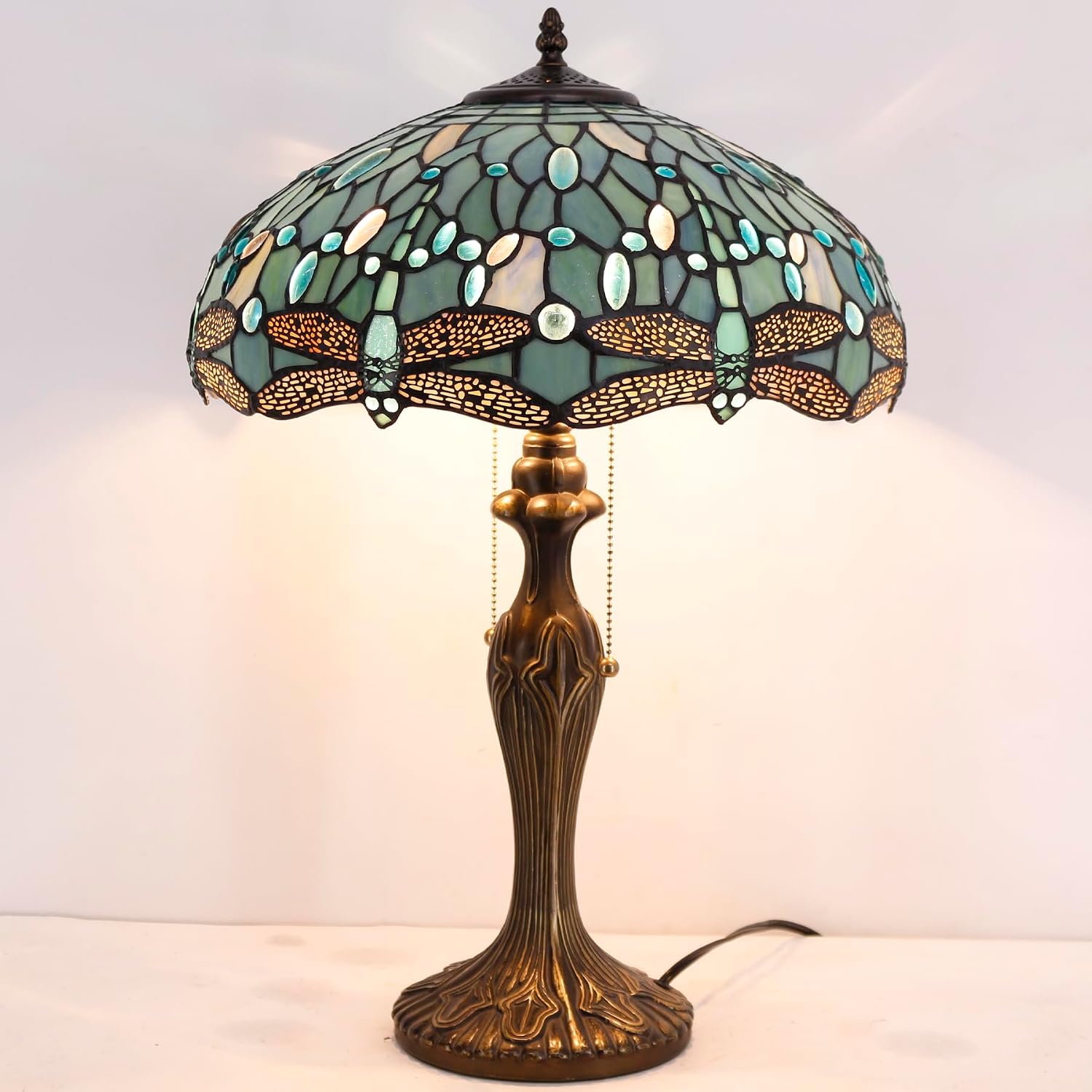 WERFACTORY Tiffany Lamp Sea Blue Stained Glass Bedside Table Lamp Dragonfly Style Desk Reading Light Metal Base 16X16X24 Inches Decor…