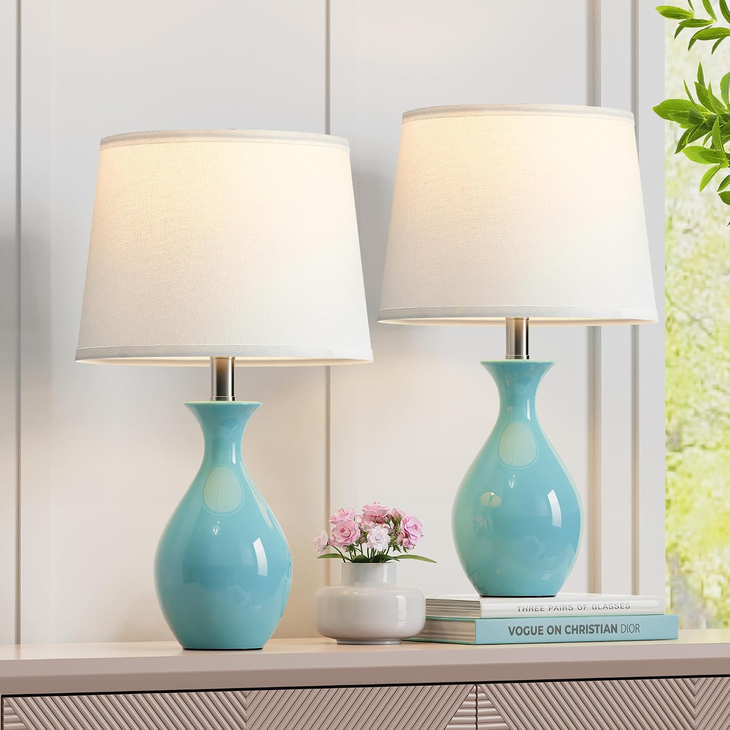 PARTPHONER Table Lamp Set of 2, Modern Ceramic Bedside Lamps for Night Stands, Classic Small Lamp Nightstand Lamp for Bedroom Living Room…