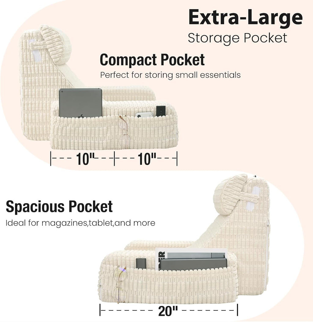 19" Reading Pillow for Bed with Built-in Arms & Large Pockets, Supportive Backrest Cushion for Reading, Resting, or Reclining, Washable…