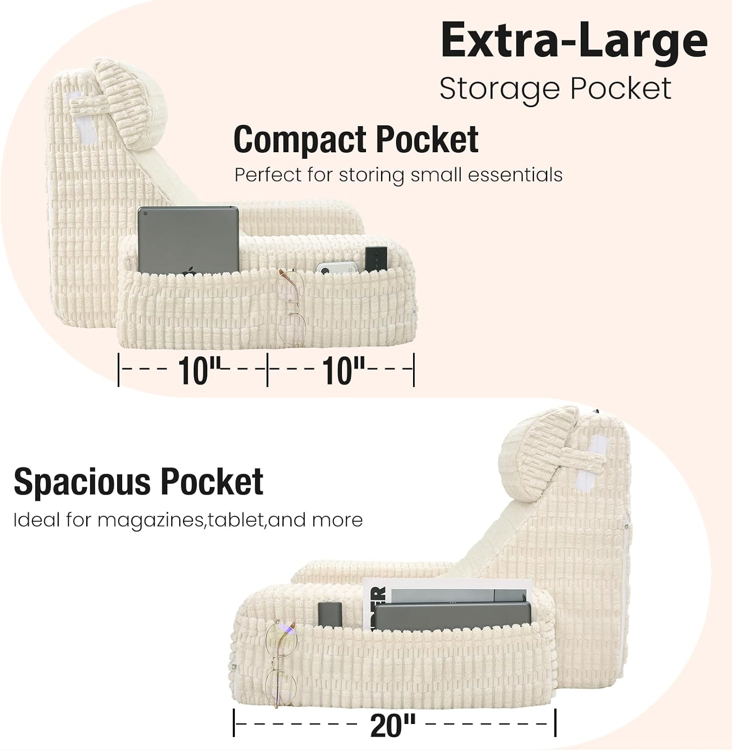 19" Reading Pillow for Bed with Built-in Arms & Large Pockets, Supportive Backrest Cushion for Reading, Resting, or Reclining, Washable…