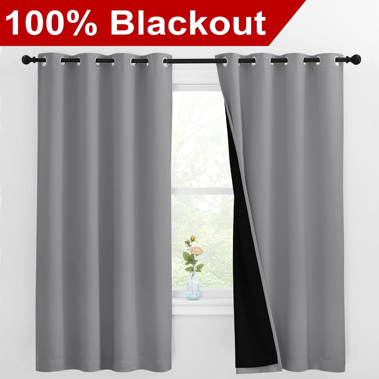 Nicetown 100% Blackout Curtains with Black Liners, Thermal Insulated Full Blackout 2-Layer Lined Drapes, Energy Efficiency Window Draperies…