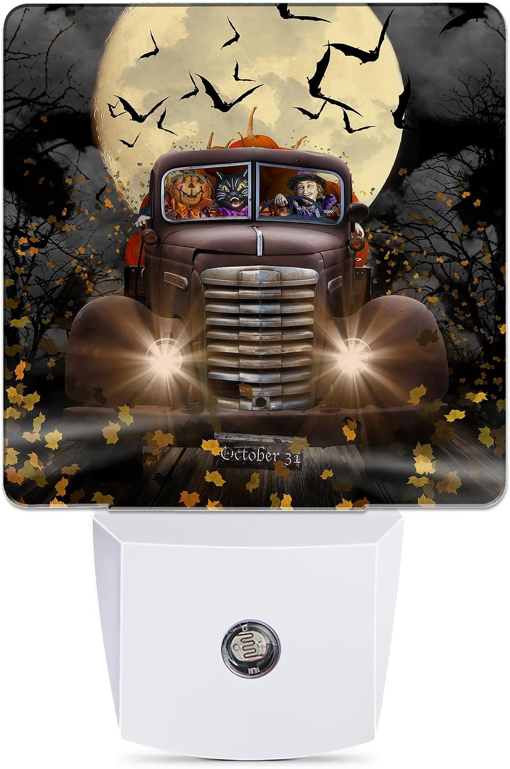 Halloween Truck Night Light, Witch Cat Pumpkin Night Lights Plug into Wall Decorations for Bedroom, Bathroom, Dusk to Dawn Sensor…