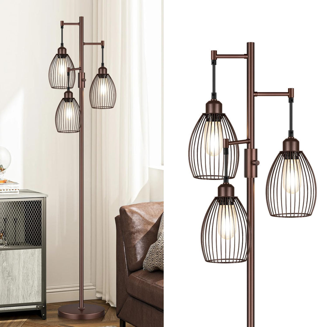 Torondo Dimmable Farmhouse Industrial Floor Lamp, Matte Brown Tree Standing Tall Lamps with 3 Elegant Teardrop Cage Head & 800 Lumens LED…