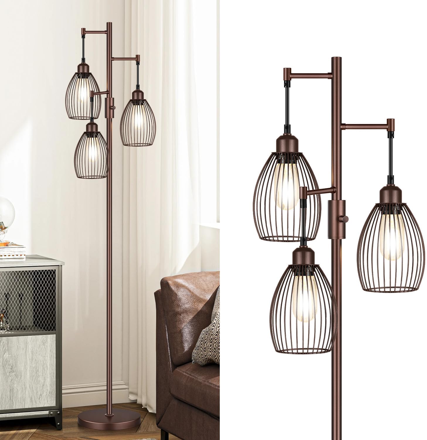 Torondo Dimmable Farmhouse Industrial Floor Lamp, Matte Brown Tree Standing Tall Lamps with 3 Elegant Teardrop Cage Head & 800 Lumens LED…