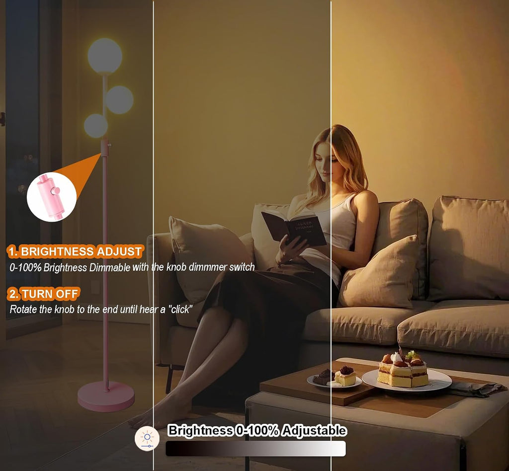 Fiqevs Modern Pink Globe Floor Lamp with Frosted Glass Shade and LED Bulbs, Dimmable Elegant Standing Lamp with Foot Pedal, Tall Pole Lamp…