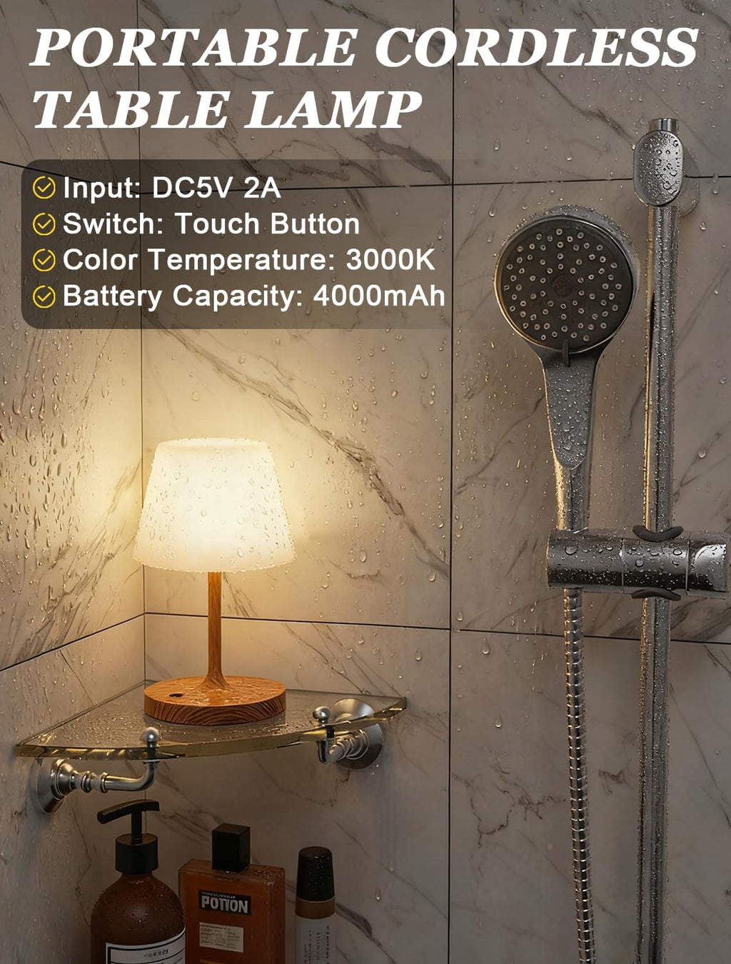 Kakanuo Cordless Shower Lamp Waterproof, Cordless Lamp with 4000mAh Battery, Rechargeable Table Lamp, Touch Dimmable Desk Light for…