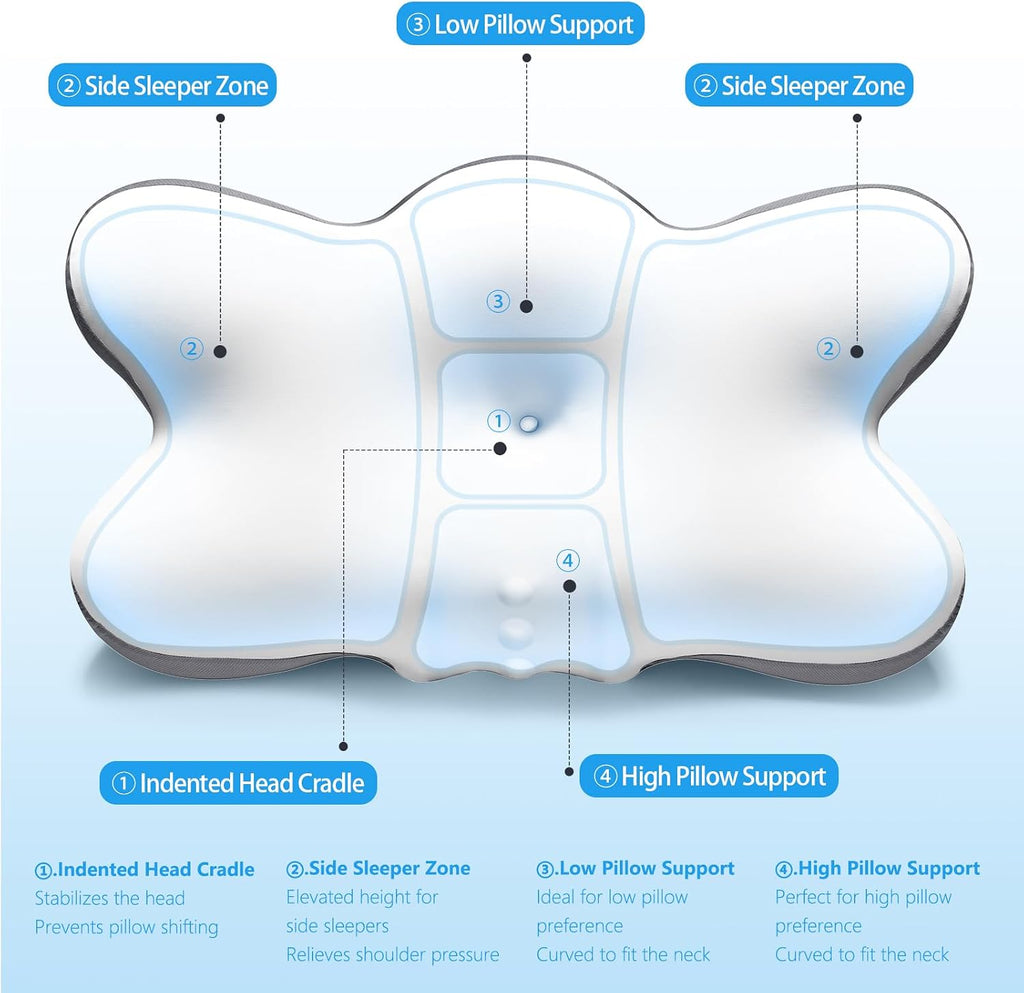 jiaao Cervical Neck Pillow with 2 Heights (5.31/3.54 in), Queen Size Bed Pillow with Cooling Pillowcase, Contoured Memory Foam Pillow for S…