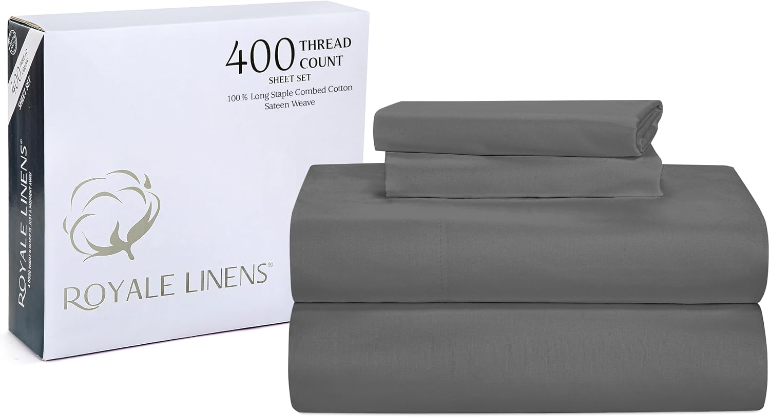 Royalelinens ROYALE LINENS 400 Thread Count 100% American Grown Cotton 4 Piece Sateen Queen Sheet Set - 1 Fitted Sheet, 1 Flat Sheet, 2 Pil…