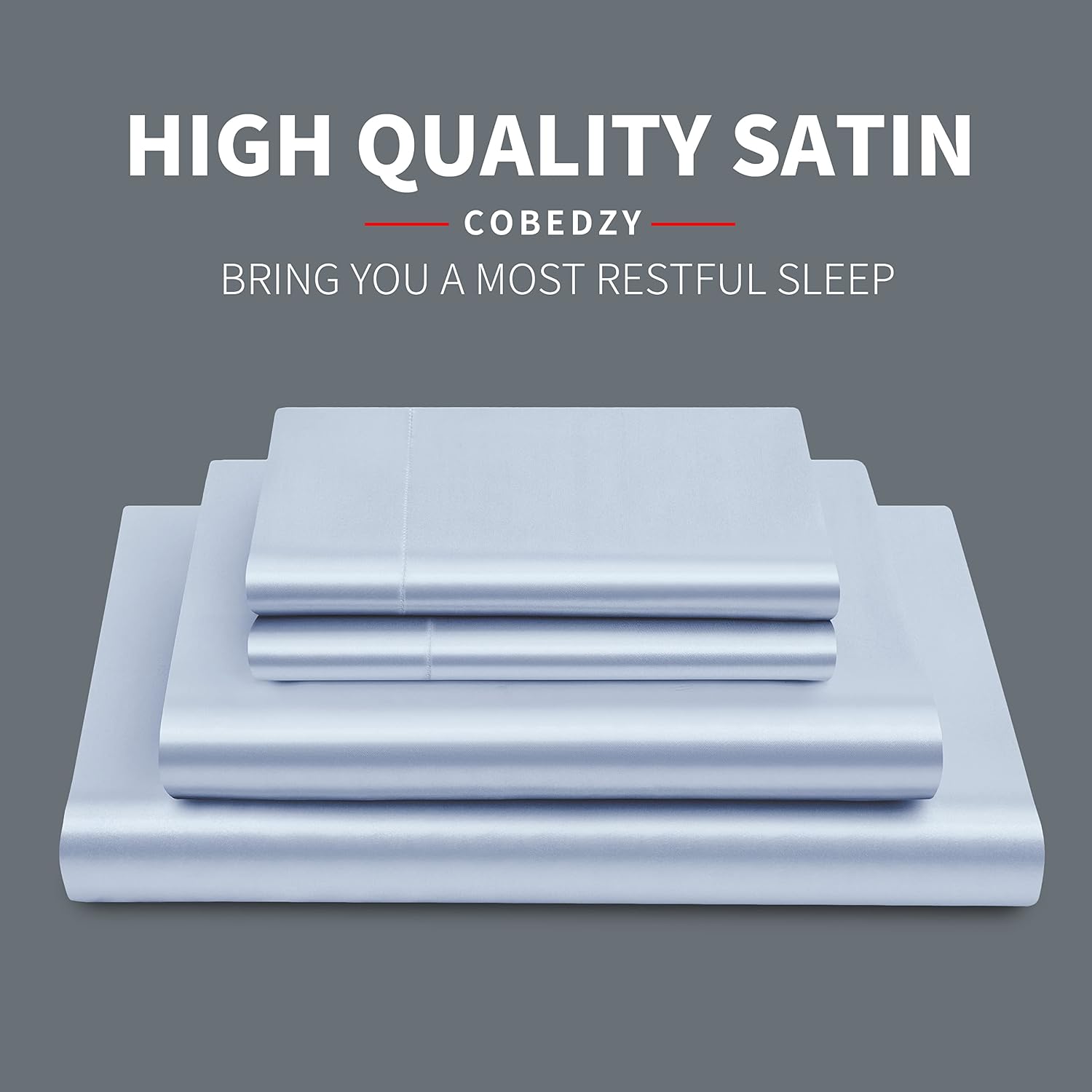 Cobedzy 4 Pieces Light Blue Satin Sheets Full Size Bed Set, Luxury Silky Satin Bedding Sheets Set with 1 Deep Pocket Fitted Sheet, 1 Soft F…