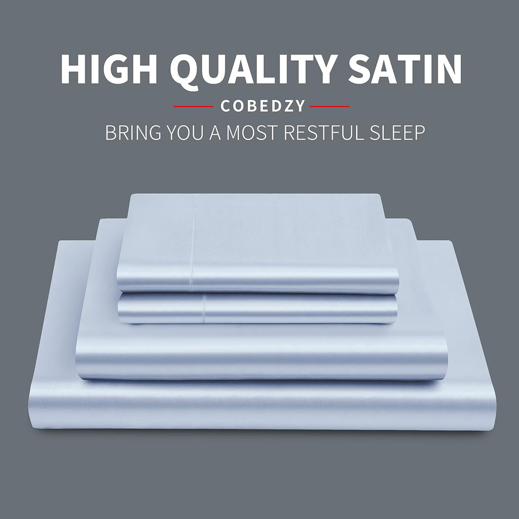 Cobedzy 4 Pieces Light Blue Satin Sheets Queen Size Bed Set, Luxury Silky Satin Bedding Sheets Set with 1 Deep Pocket Fitted Sheet, 1 Soft…