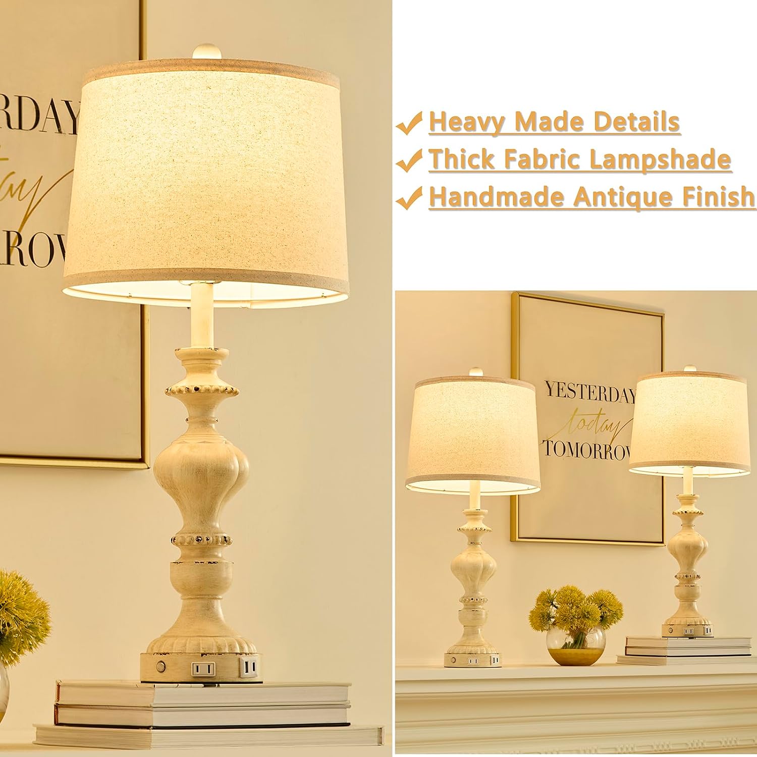 SAIWEYA 27.5" Farmhouse Table Lamps Set of 2 Bedside Nightstand Lamp with USB C+A Ports & AC Outlet, 3 Way Dimmable Touch Lamps for…