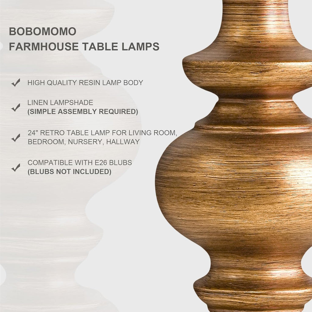 BOBOMOMO 24" Traditional Lamps Set of 2 – Antique Gold Bedside Lamps with Linen Shades, Elegant Medium Farmhouse Lamps for Living Room…