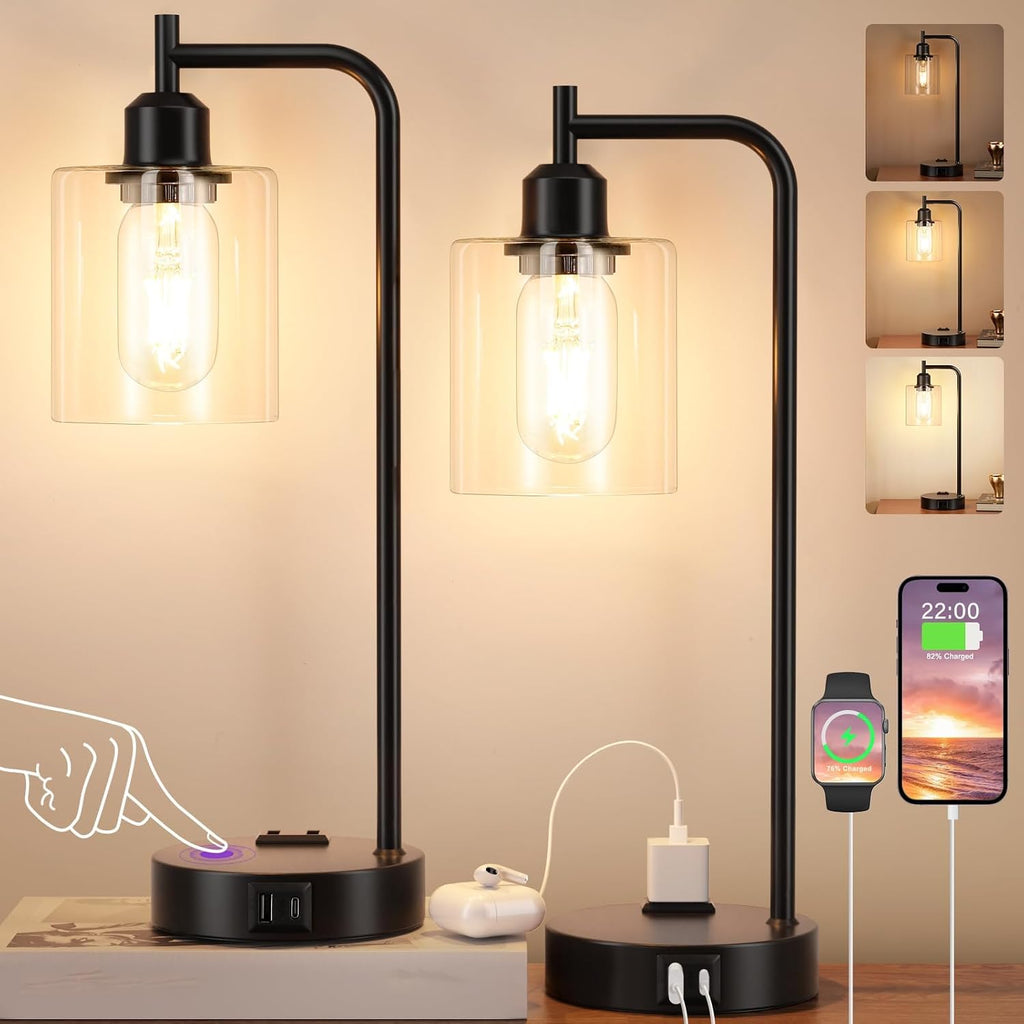 Industrial Touch Table Lamps for Bedrooms Set of 2 - 3-Way Dimmable Nightstand Lamps with USB C+A Ports and Outlet, Black Bedside Lamps…