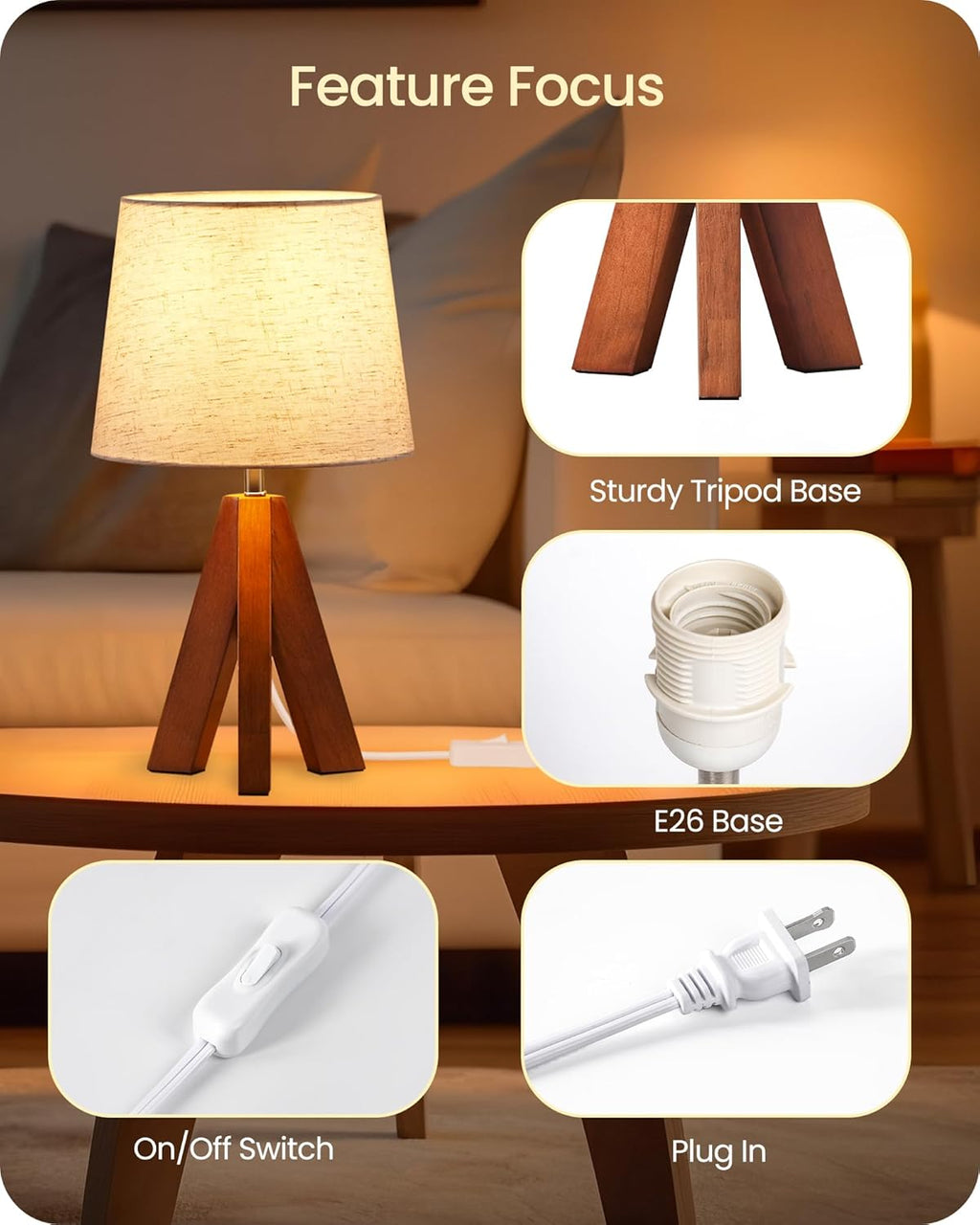 Tripod Table Lamp, 14.6 Inch Small Bedside Lamp with Beige Linen Shade, Modern Nightstand Lamp for Bedroom, Kids Room, Living Room…