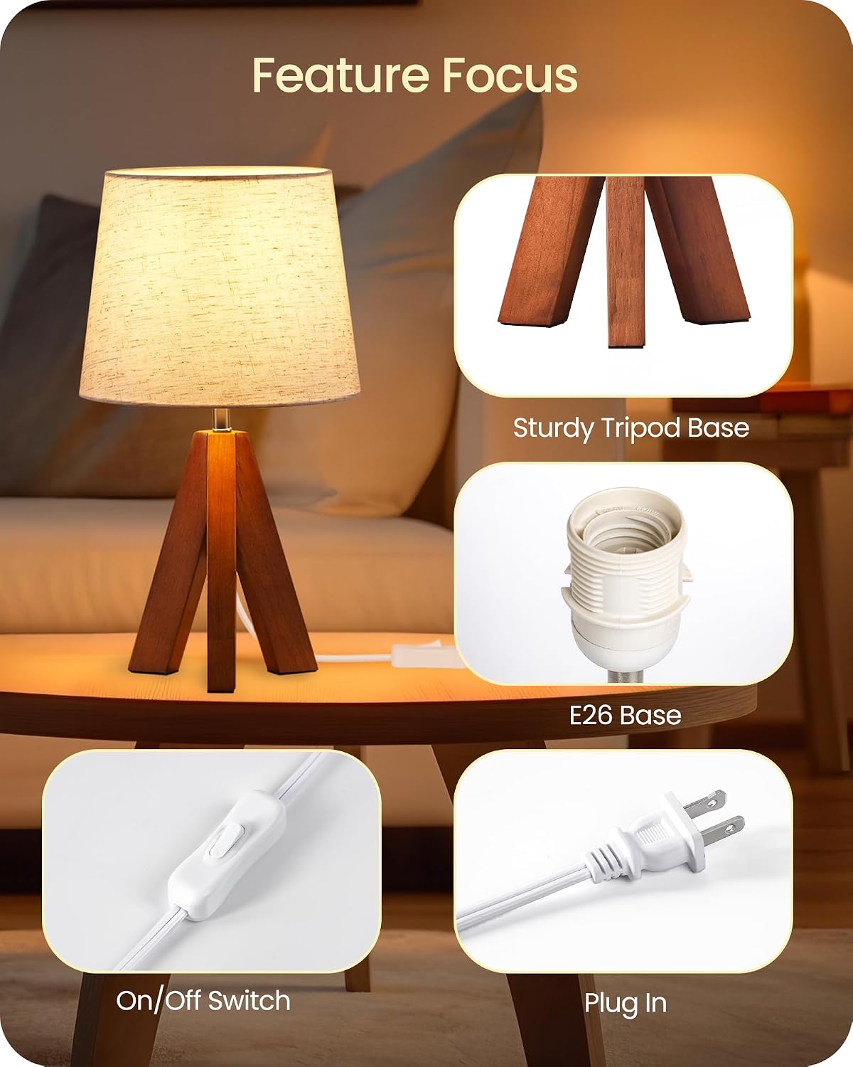 Tripod Table Lamps Set of 2, Small Bedside Lamps, Modern Nightstand Lamp with Dark Pearwood Base & Beige Shade, Boho Desk Light for…