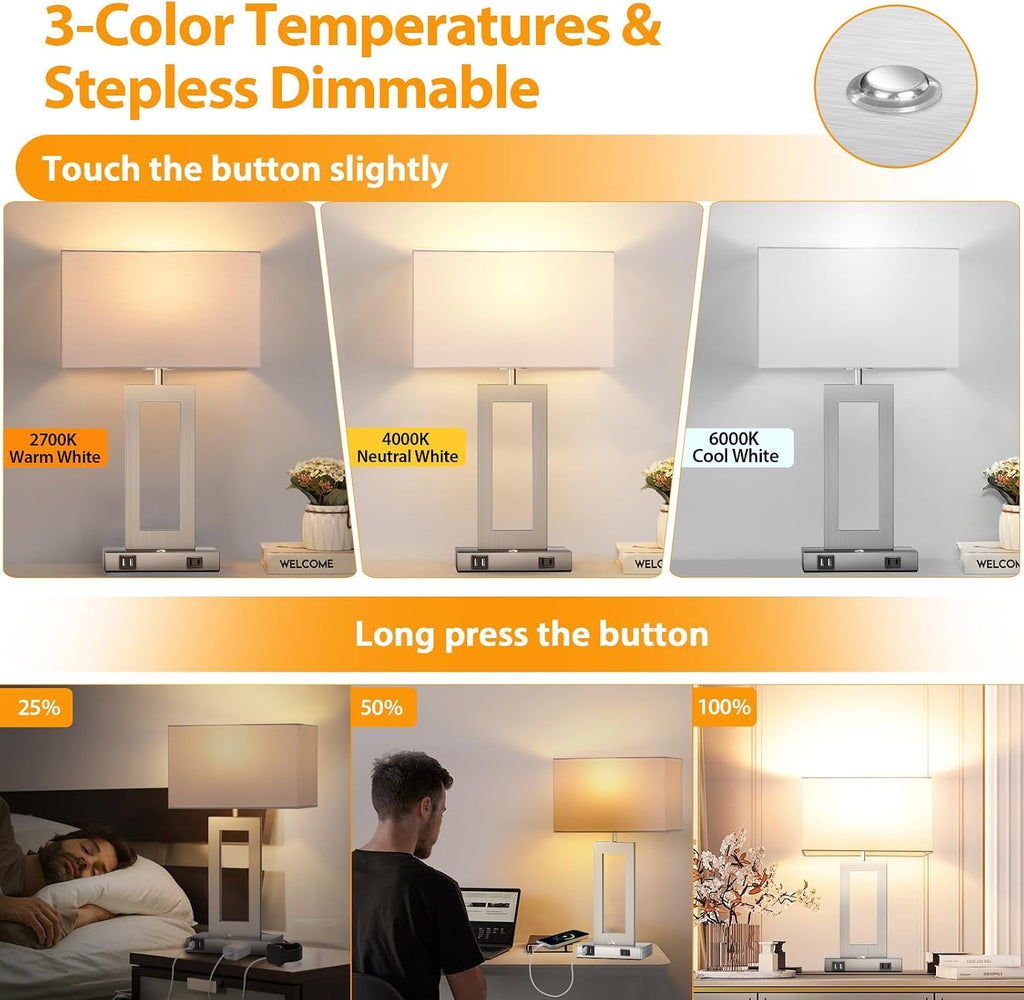 3 Color Temperatures Touch Control Table Lamps Set of 2, Stepless Dimmable Bedside Lamps with 2 USB Ports&AC Outlet, Modern Nightstand…