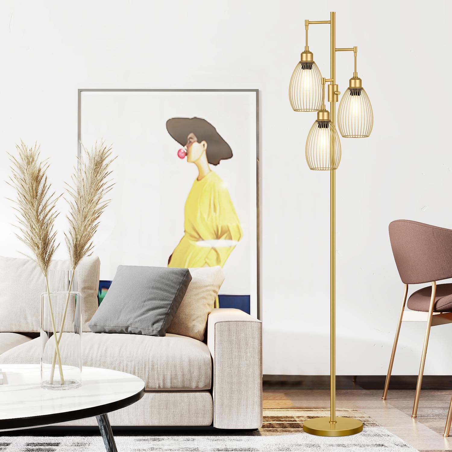 Dimmable Floor Lamp, 3 x 800LM LED Edison Bulbs Included, Farmhouse Industrial Floor Lamp Standing Tree Lamp with Elegant Teardrop Cage…