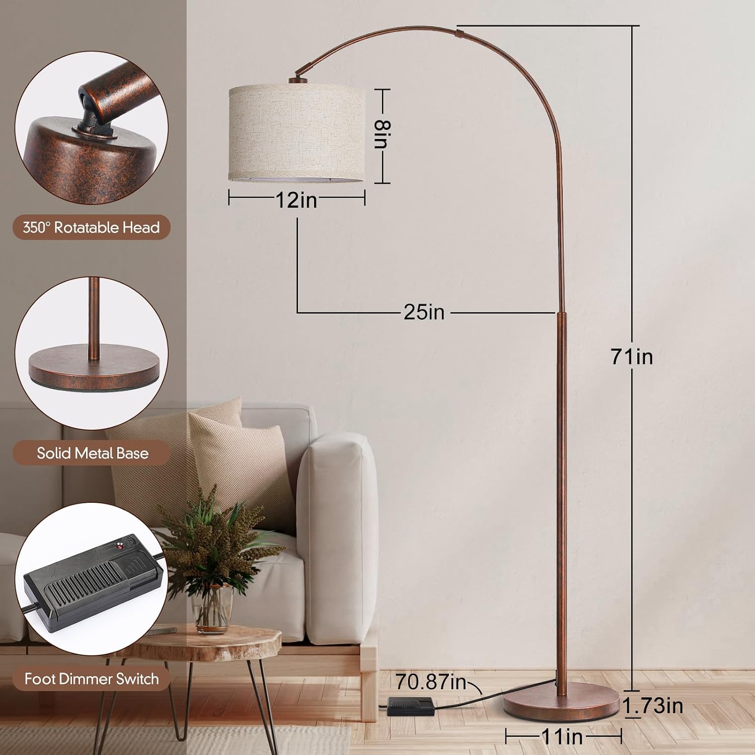 Dimmable Arc Floor Lamps for Living Room, Mid Century Floor Lamp, Antique Bronze Standing Lamp with Adjustable Hanging Shade, Tall Pole…