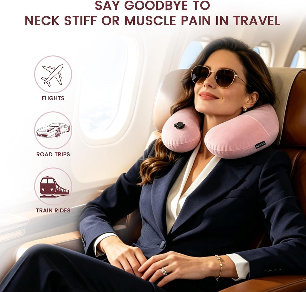 Keemall Inflatable Travel Pillow, Premium Soft Pink Velvet Neck Pillow, Washable Lightweight Portable Travel Essentials for Flight Road…