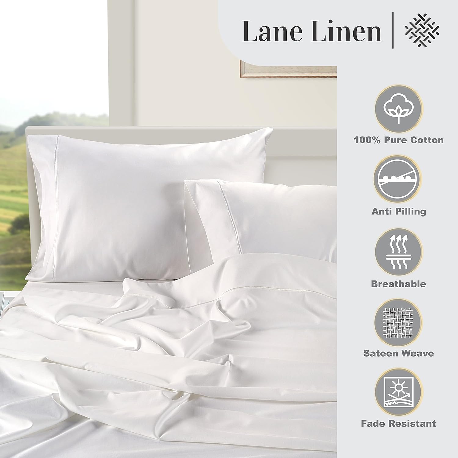 LaneLinen LANE LINEN King Size Pillow Case Set of 2 100% Egyptian Cotton Cases Sateen White Cooling Cover - Perfect for Home Hotels & Hospi…