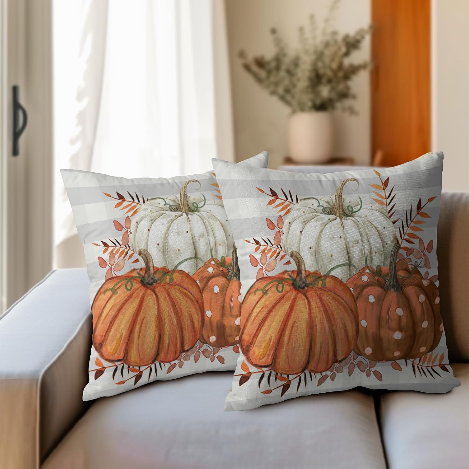 Fall Pumpkins Outdoor Pillows 20x20 Inch Set of 2 Autumn Harvest Pumpkin Pillowcase Buffalo Plaid Maple Leaves Decorative Throw Cushion…
