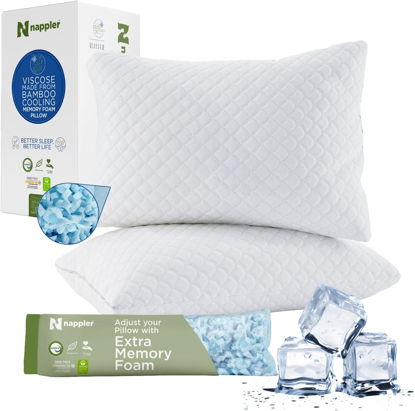 Nappler Cooling Pillow for hot Sleepers - Bed Pillows Queen Size Set of 2 - Adjustable Shredded Memory Foam - Medium to Firm Pillows for Ba…