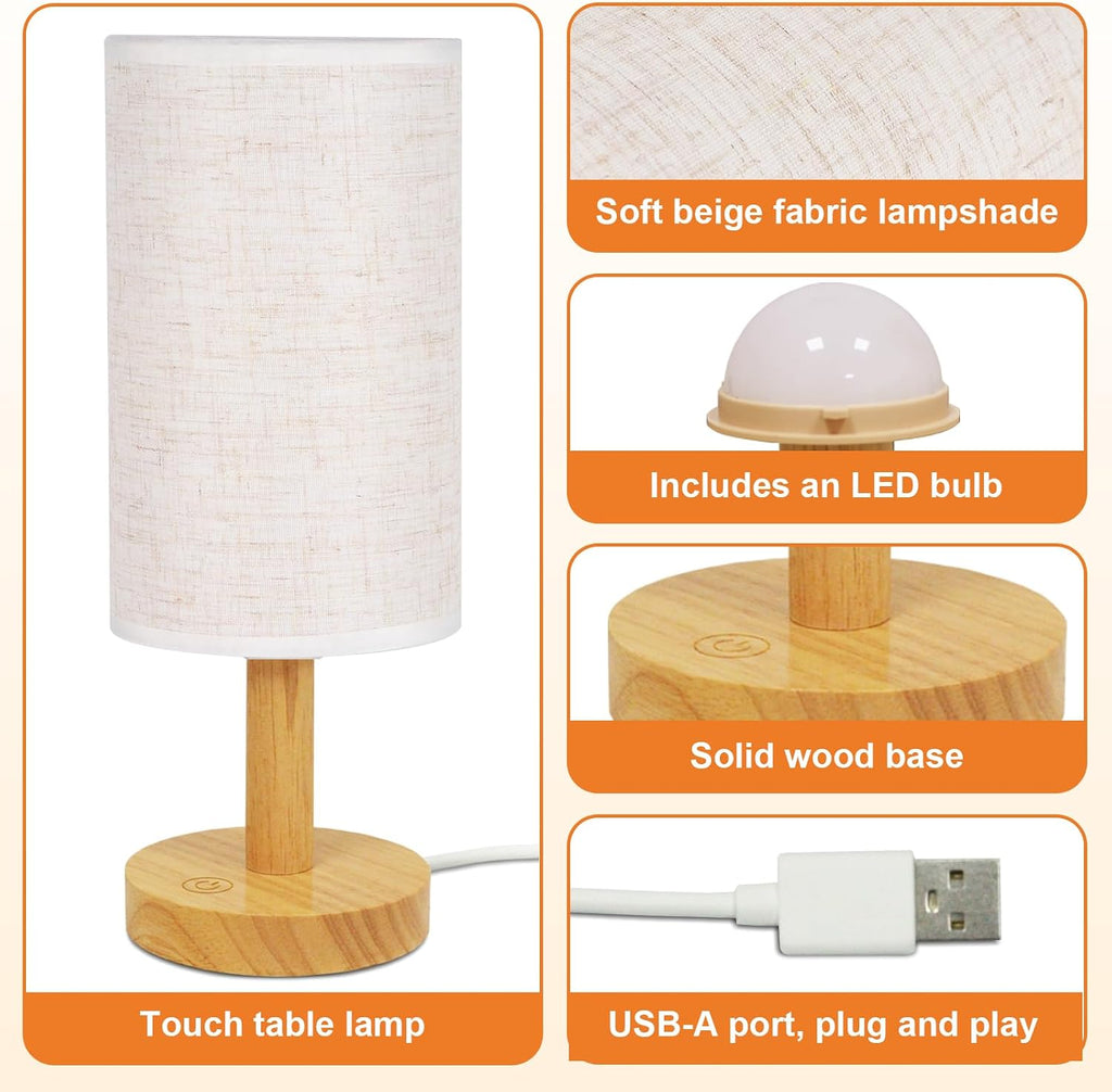 PuziphaTableLamp Touch Bedside Table Lamp - Stepless Dimming USB Powered, Minimalist Wood Base Linen Shade, 2700K Warm Light for Bedroom Ni…
