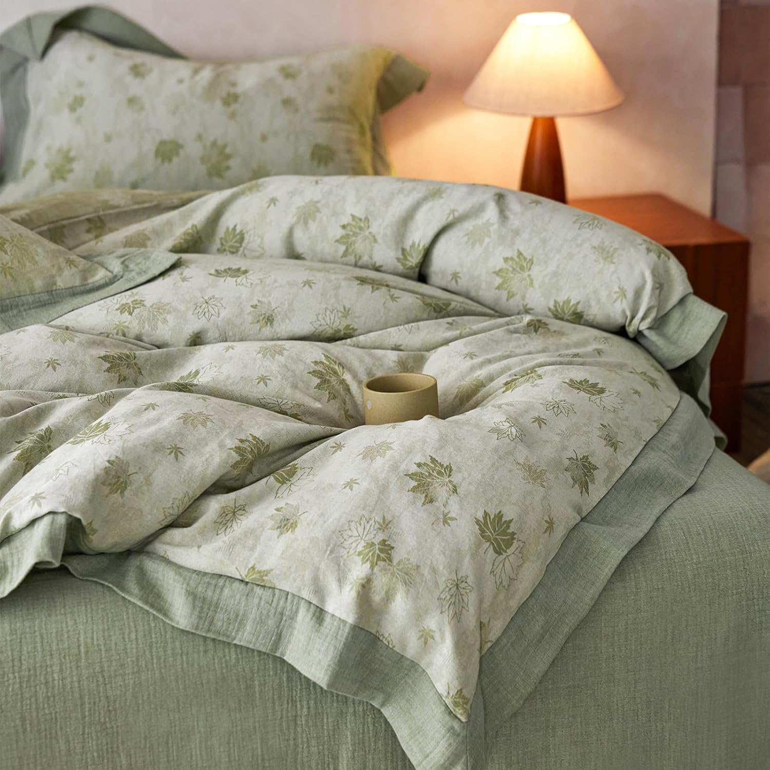 mixinni Yarn-Dyed Jacquard Duvet Cover Queen, Green Botanical Leaf Print 3-Piece Bedding Set with Wide Edge Piping, Soft Breathable Double…