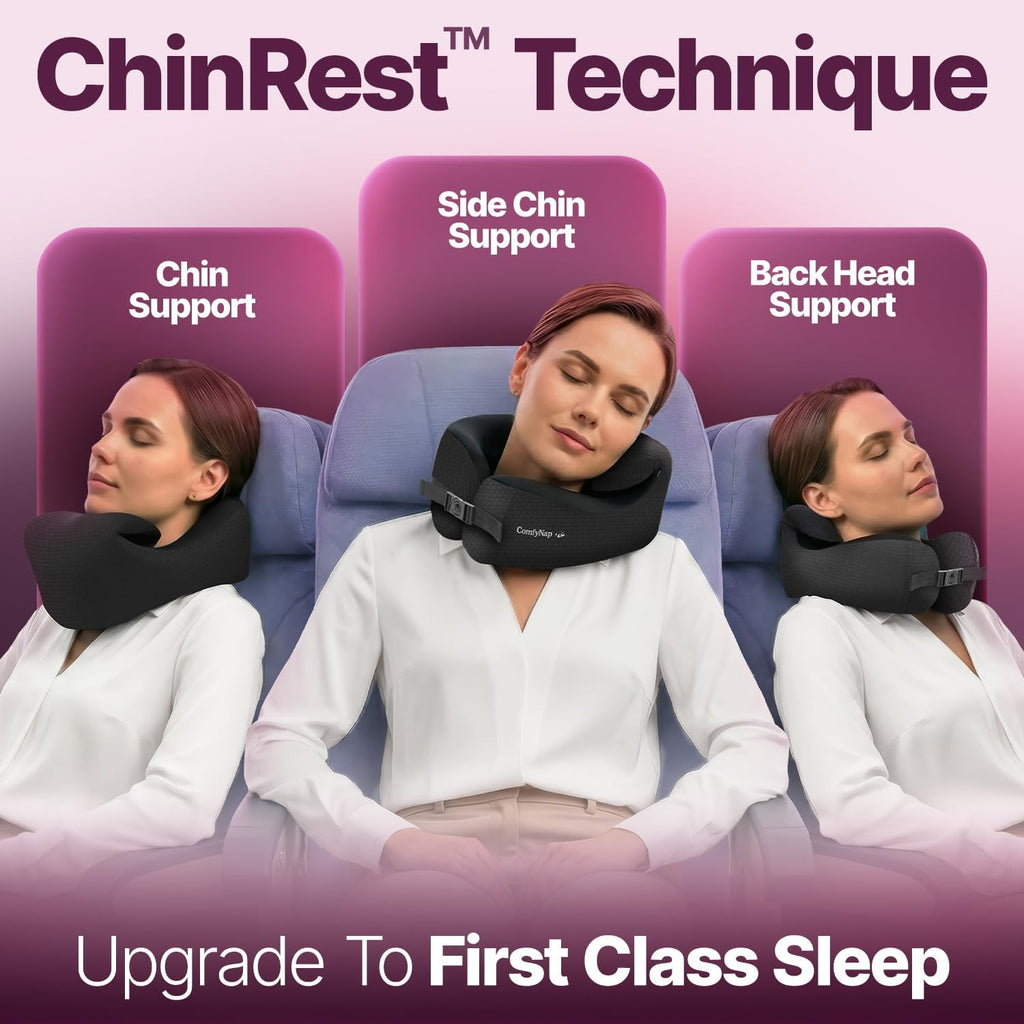 ComfyNap® Versatile Travel Neck Pillow for Airplane [Patented], 9 Positions in 3 Techniques, Plane Pillow with Pure Memory Foam, Travel…