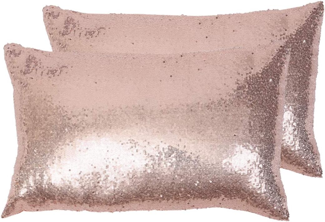 Eternal Beauty Set of 2 Sequin Decorative Pillow Cover Rose Gold Lumbar Pillow Covers for Couch Bed Lumbar Pillows 12 X 20 Inches