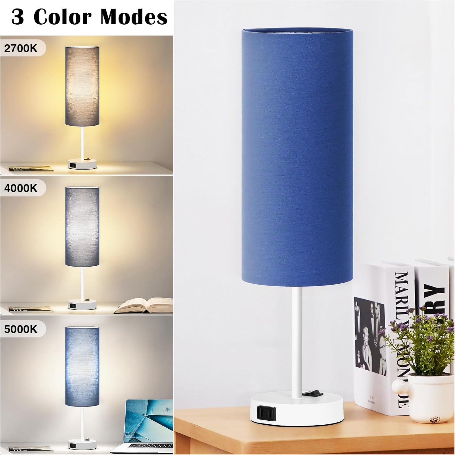 ZJOJO Table Lamp for Bedroom 2 Pack,18in Bedside Lamps with 3 Way Dimmable Rocker Switch & AC Outlet, Nightstand Desk Lamp with Blue…