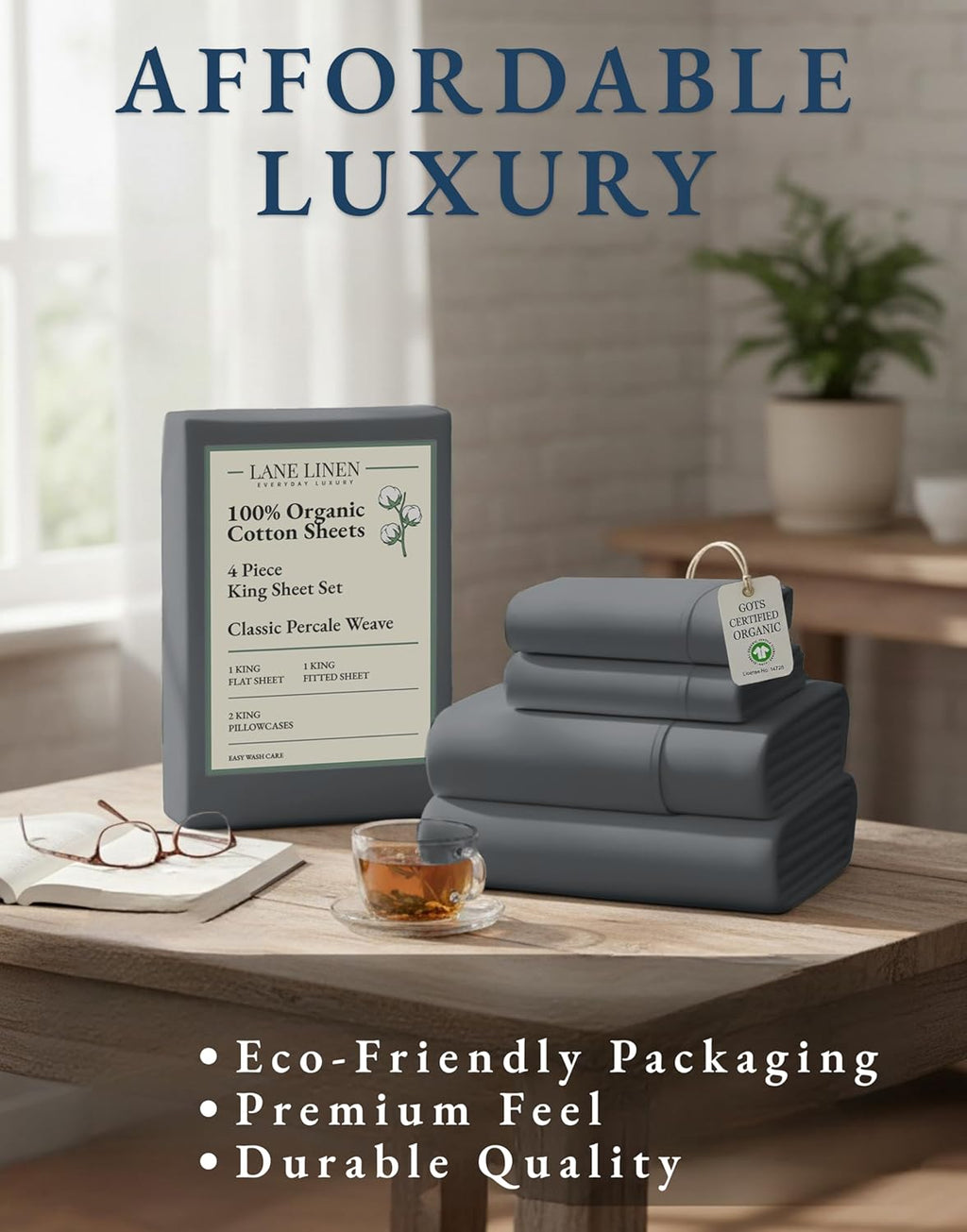 LaneLinen LANE LINEN 100% Organic Cotton Sheets King Size Machine Washable Fully Elasticized Soft & Comfy Mercerized Sustainably Produced A…