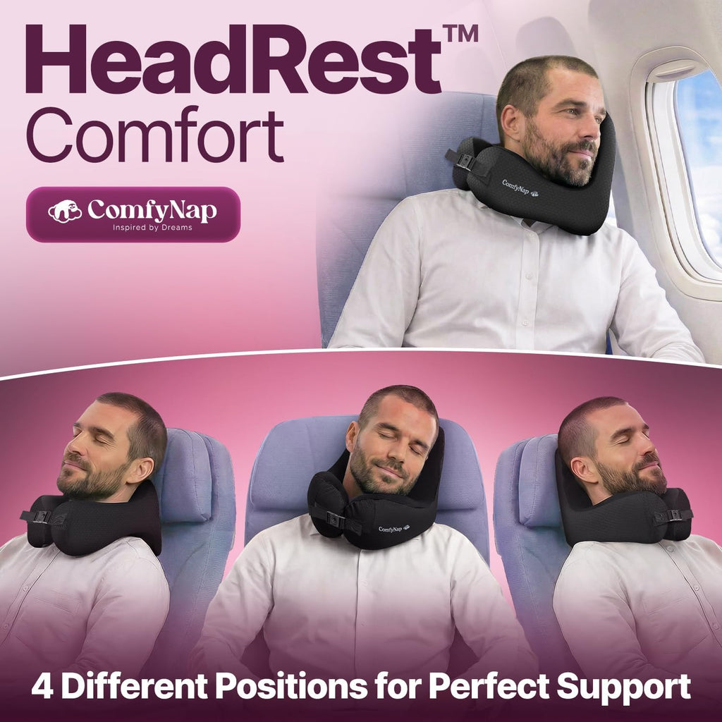 ComfyNap® Versatile Travel Neck Pillow for Airplane [Patented], 9 Positions in 3 Techniques, Plane Pillow with Pure Memory Foam, Travel…