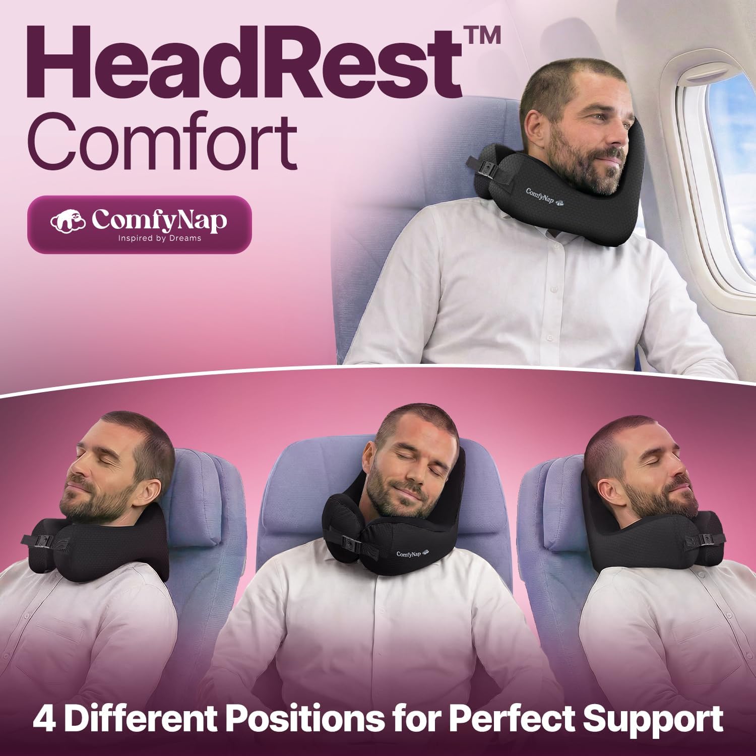 ComfyNap® Versatile Travel Neck Pillow for Airplane [Patented], 9 Positions in 3 Techniques, Plane Pillow with Pure Memory Foam, Travel…