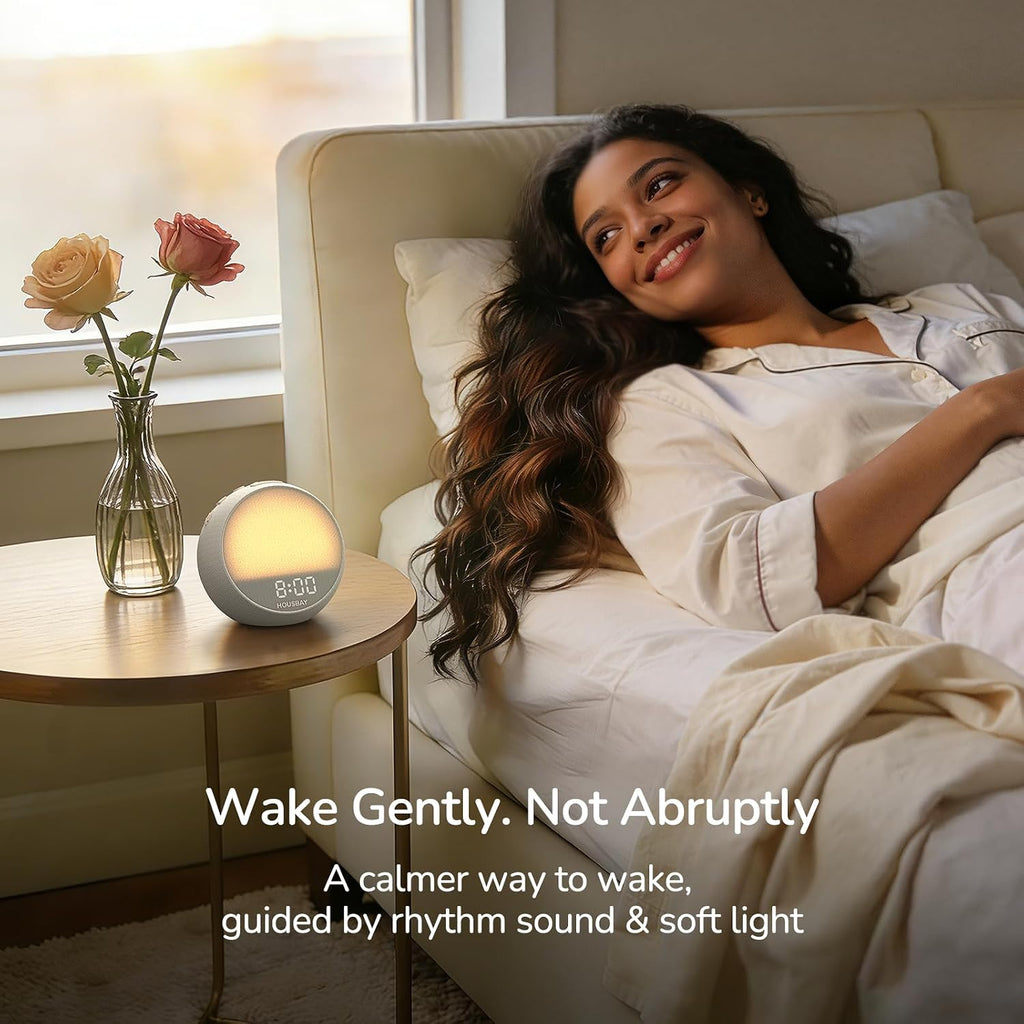 HOUSBAY MINI Sunrise Alarm Clock with Sound Machine, Rhythm Wake-Up Light, White Noise for Sleeping, Compact Phone-Free Bedrooms Clock…