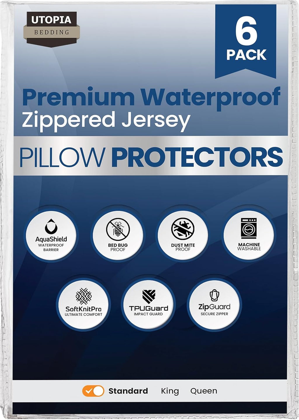 Utopiabedding Set of 6 Pillow Protectors with Zipper Standard Size, Bed Bug and Dust Mite Proof Pillow Covers, Ultra Soft Pillow Encasement…