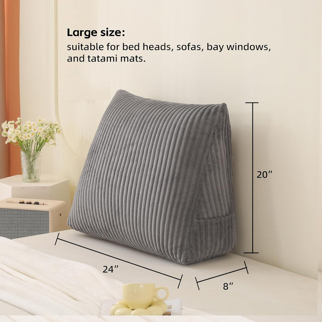 Corduroy Wedge Reading Pillow for Bed, 3 Sizes, 4 Colors for Bed, Sofa, Office Chair (Grey, Large 24 * 20 * 8in)