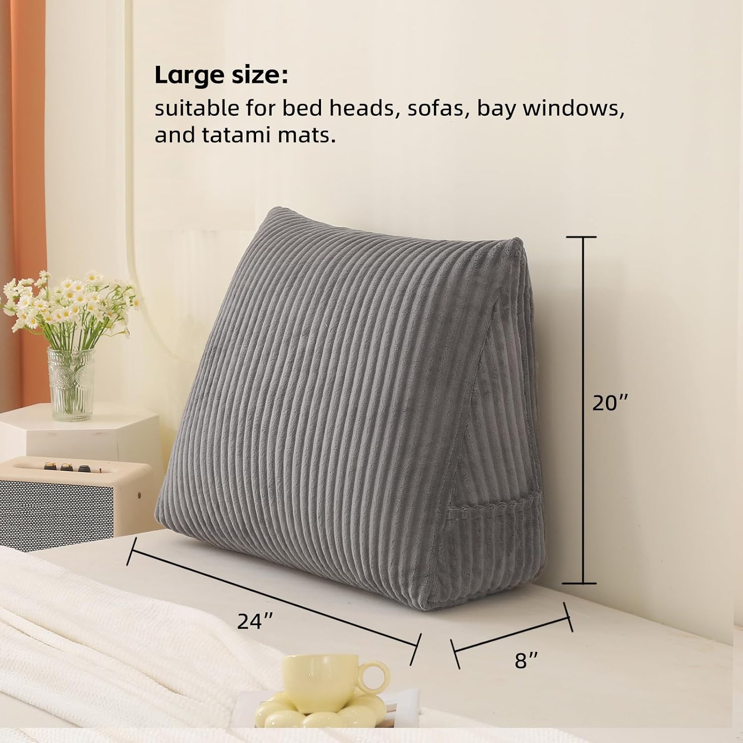 Corduroy Wedge Reading Pillow for Bed, 3 Sizes, 4 Colors for Bed, Sofa, Office Chair (Grey, Large 24 * 20 * 8in)
