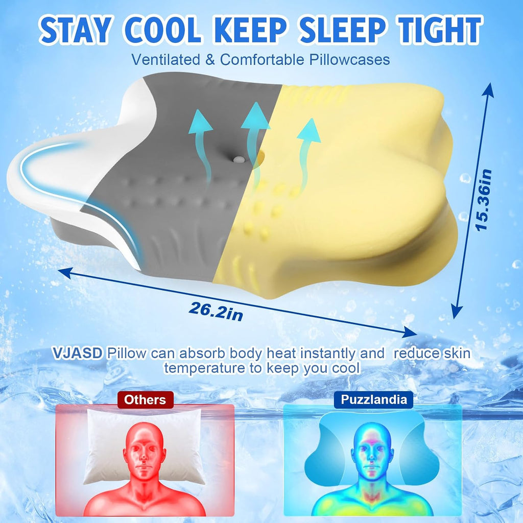 Puzzlandia Queen Size Cervical Pillow for Neck Pain, Cooling Butterfly Pillow for Side Sleepers – Adjustable Orthopedic Contour Memory Foam…