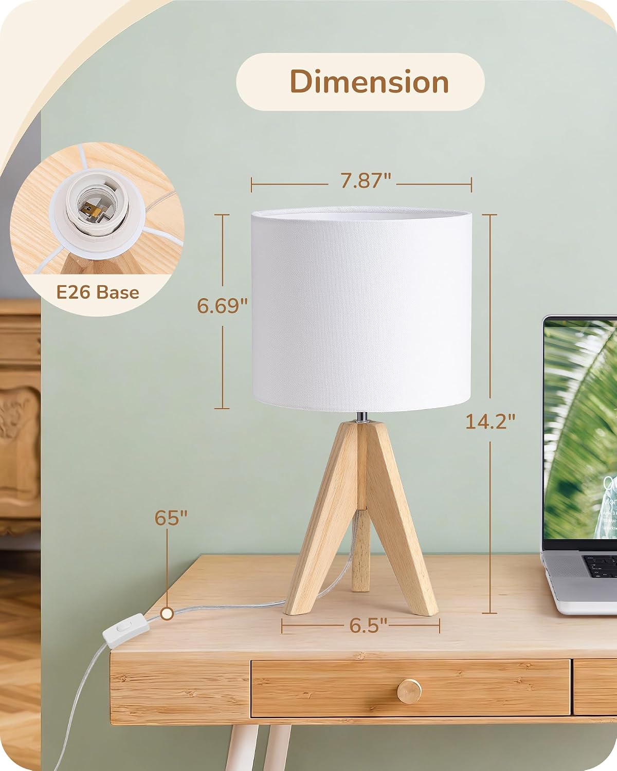 EDISHINE Small Cute Table Lamp, Wood Tripod Nightstand Lamp, Mid Century Bedside Lamp with Linen Fabric Shade for Nursery, Living Room…