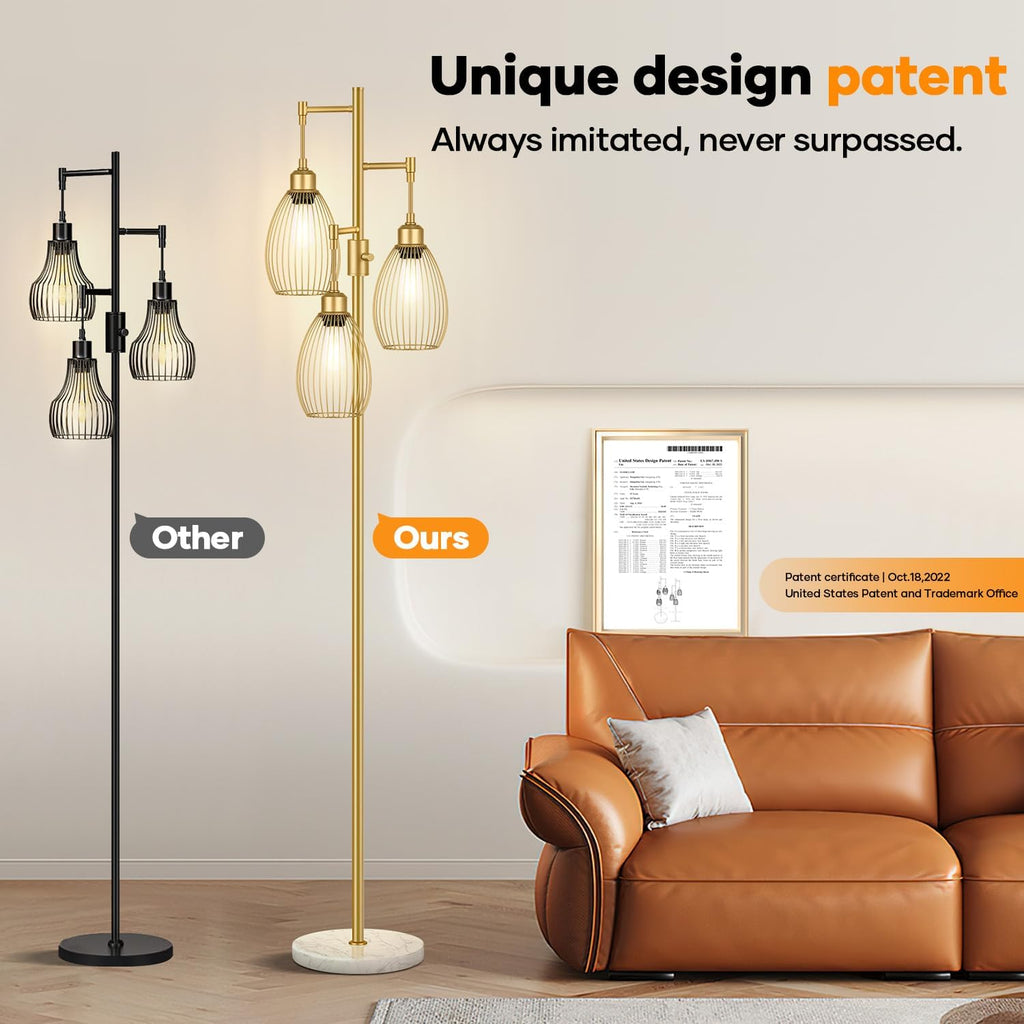 Dimmable Floor Lamp,3x800LM LED Bulbs Included, Farmhouse Industrial Floor Lamp Standing Tree Lamp with Teardrop Cage Head Tall Lamp for…