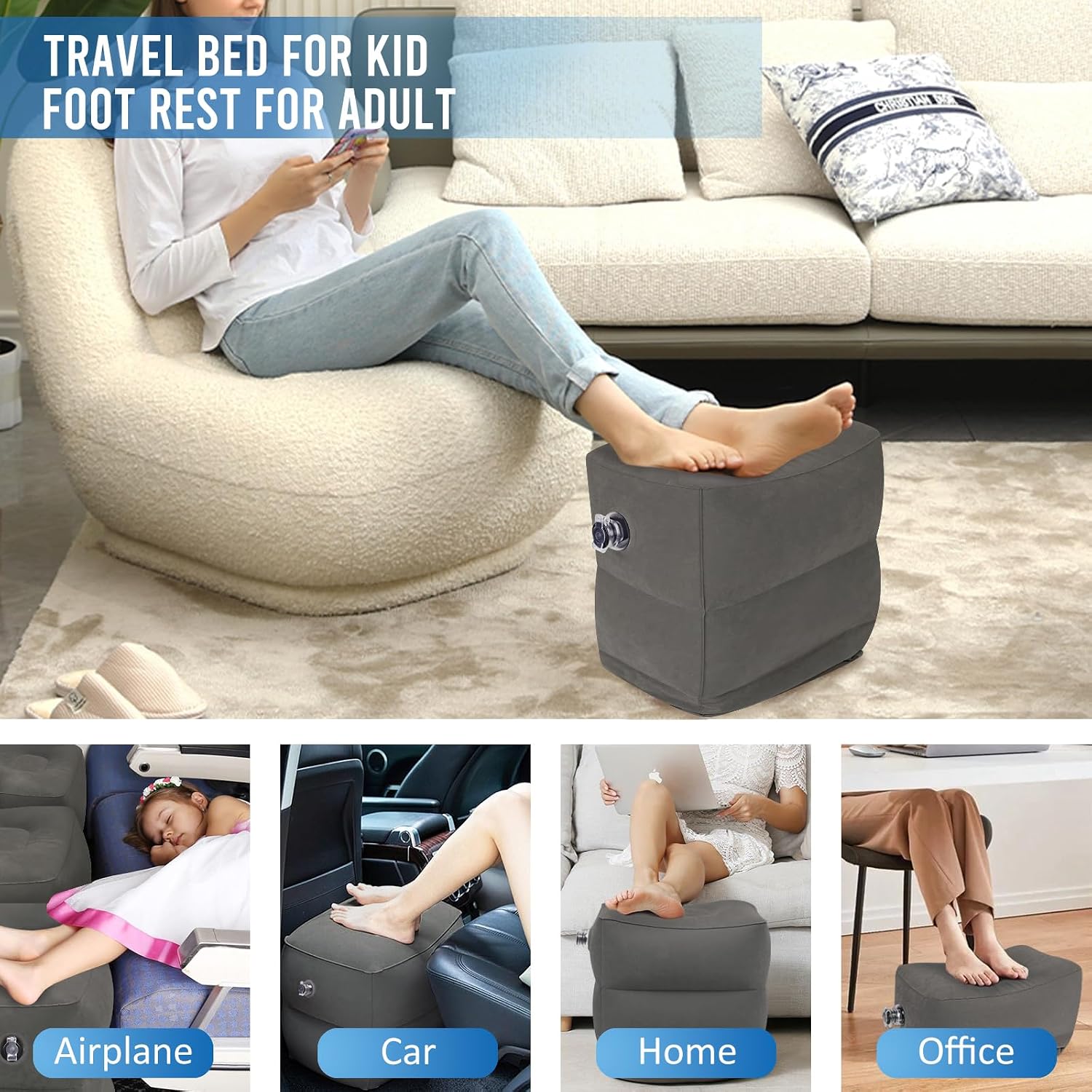Fabuday Inflatable Airplane Foot Rest Pillow - Travel Foot Rest for Long Flights, Car Seat Foot Rest for Kids Airplane Seat Extender Bed fo…