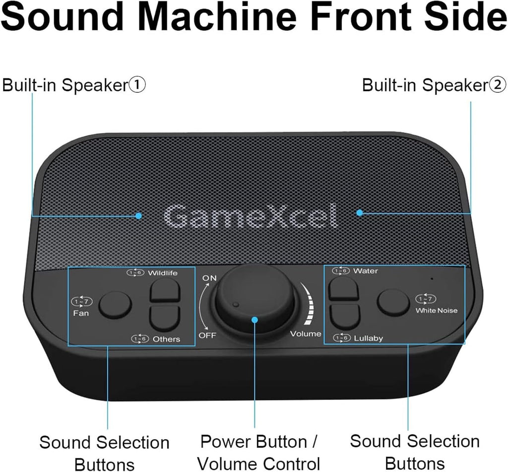 GameXcel White Noise Sound Machine for Sleeping – 38 Non-Looping Sounds Dual Speaker USB Powered Timer Memory – Portable Sleep relaxation…