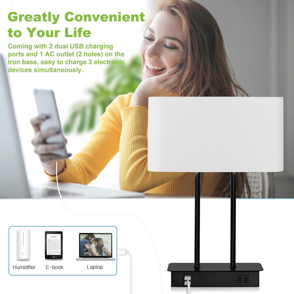 Bedside Touch Control Table Lamp with Dual USB Charging Ports 1 AC Outlet, 3 Way Dimmable Modern Nightstand Lamp with White Fabric Shade…