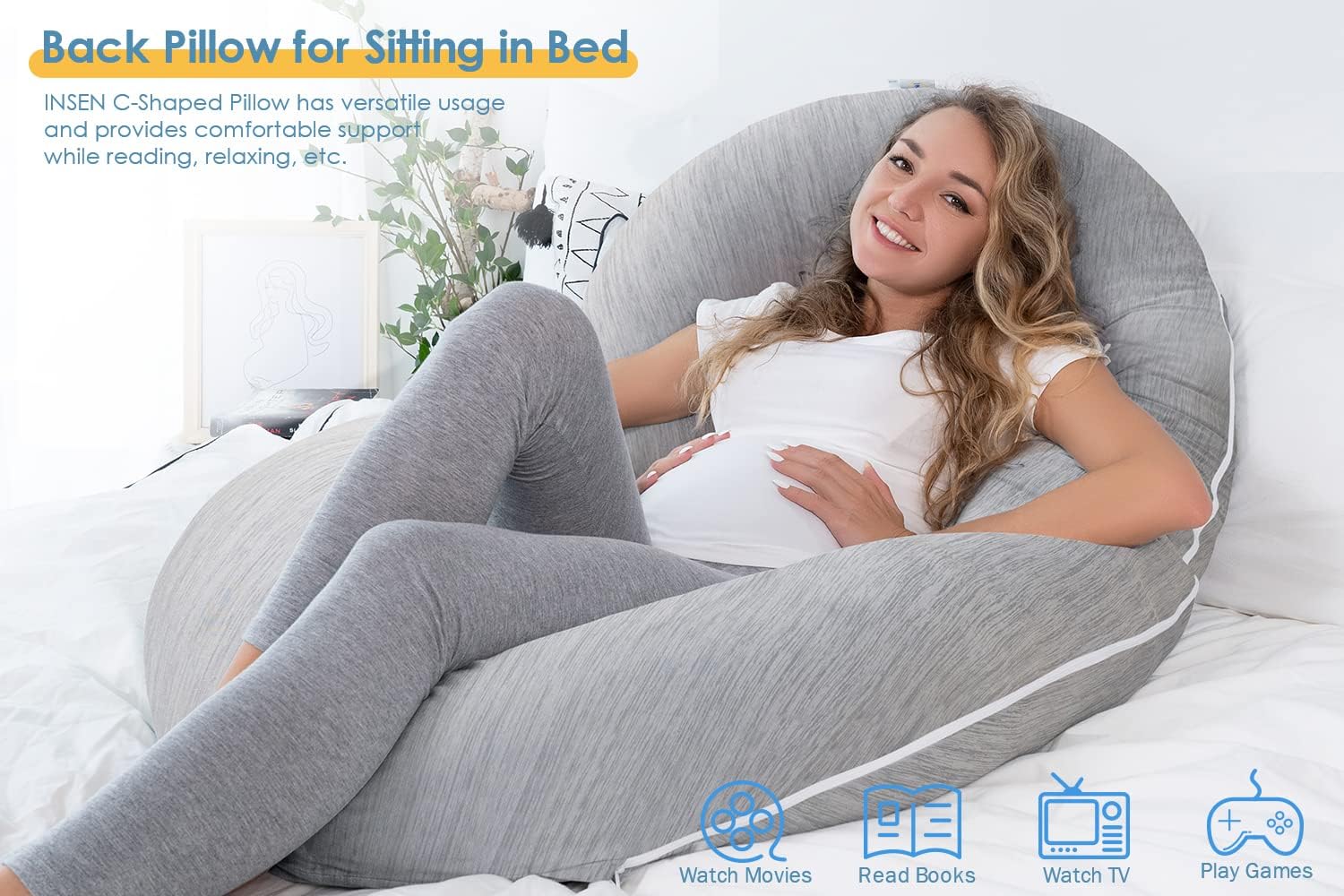 INSEN Cooling Pregnancy Pillow, Maternity Pillow for Pregnant Women, C Shaped for Side Sleeping, Glossy Gray