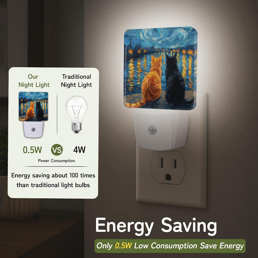 Starry Night Cats Night Lights Plug into Wall, Night Light with Dusk to Dawn Sensor for Bedroom Bathroom Kitchen Hallway Stairs…