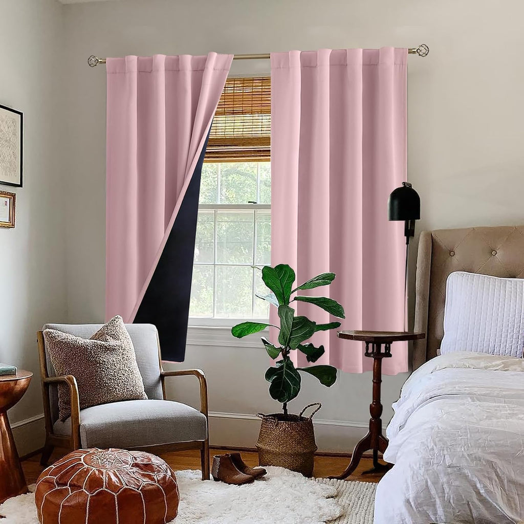 BGment Pink 100% Blackout Curtains 63 Inches Long with Thermal Insulated Liner, Rod Pocket and Back Tab Double Layer Full Room Darkening…