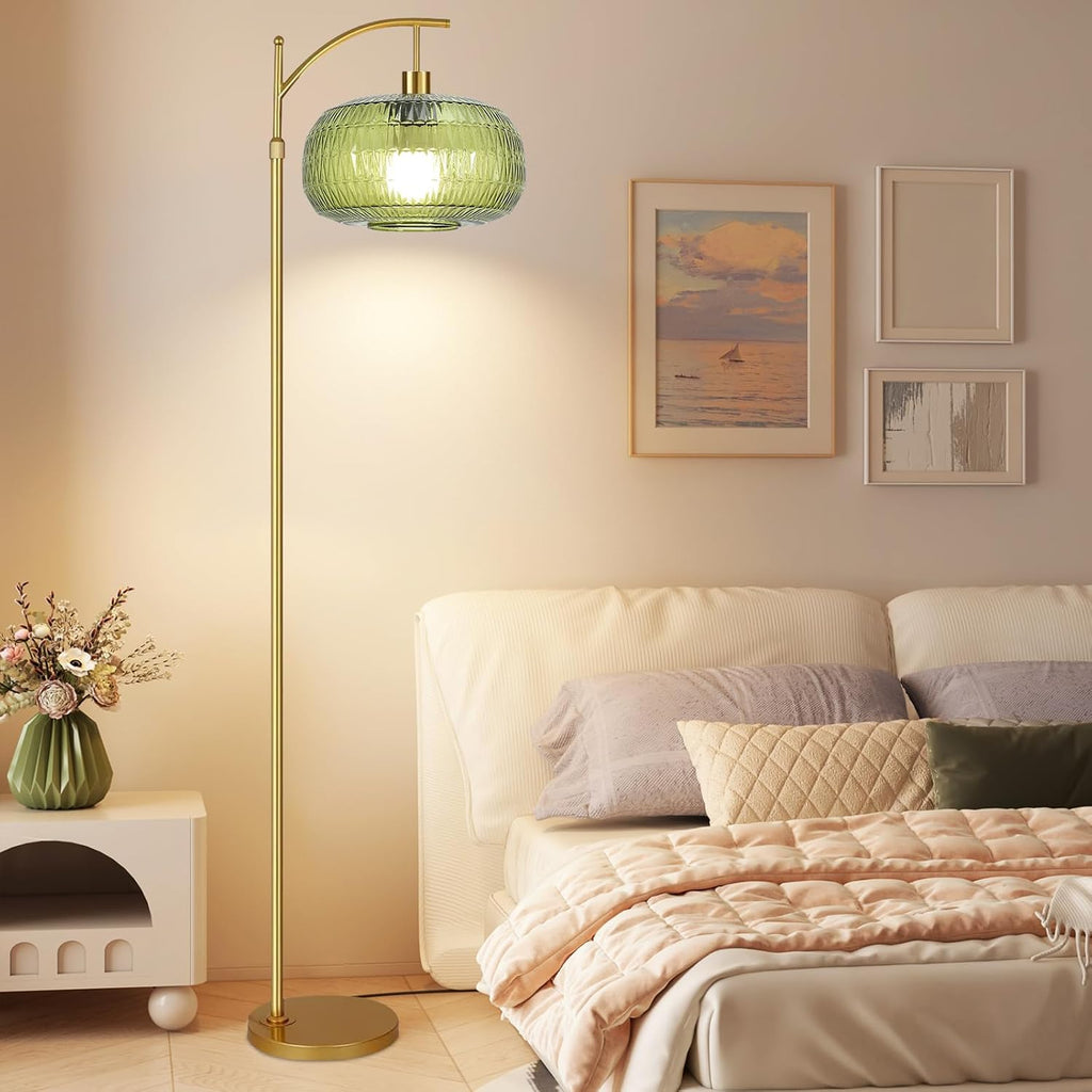 QIYIZM Glass Floor Lamp for Living Room, Bedroom, Gold Dimmable Standing Lamp with Remote, Green Mid Century Modern Brass Vintage Tall Lamp…