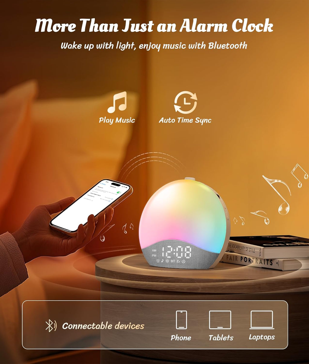 ecozy Sunrise Alarm Clock, White Noise Sound Machine, Alarm Clock for Bedrooms, 26 Soothing Sounds, 17 Night Lights, Bluetooth Speaker…